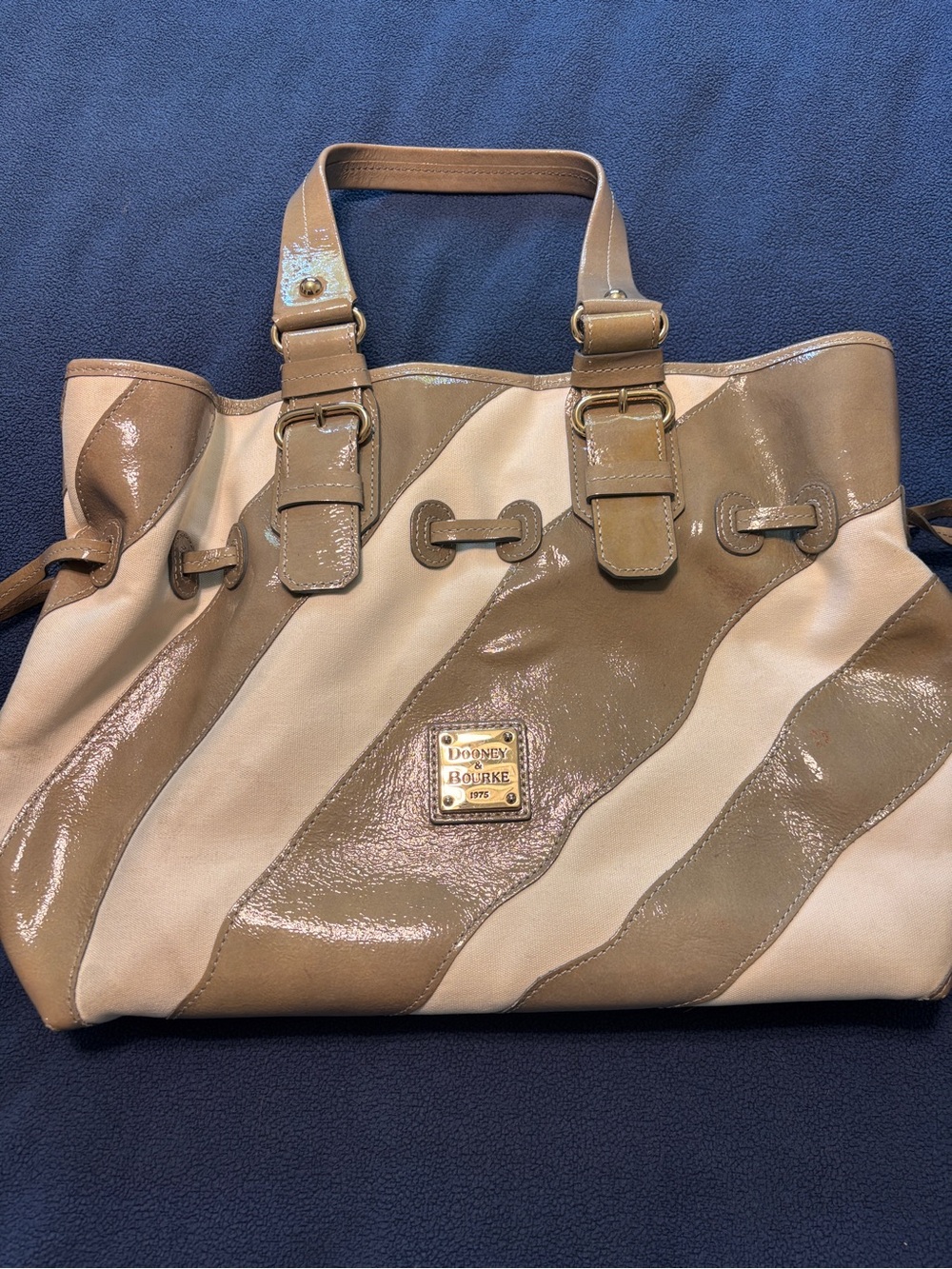 Dooney & Bourke Beige and Tan Patent Leather Stripe Tote